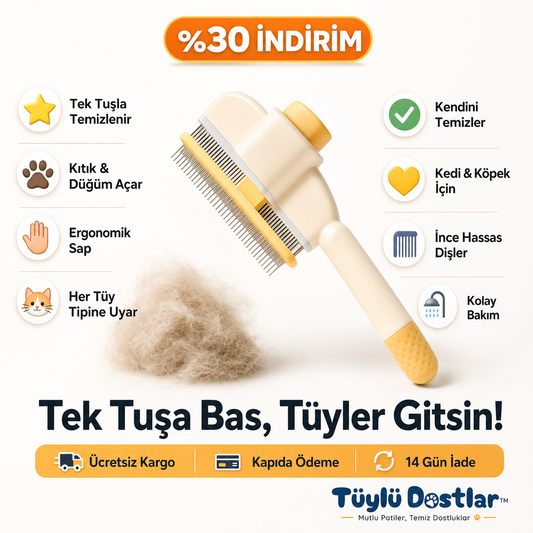 TüylüDostlar™ Basmalı Kedi & Köpek Tarağı — Tek Tuşla Temizlenir, Düğüm Açıcı, Tüy Dökülme Önleyici
